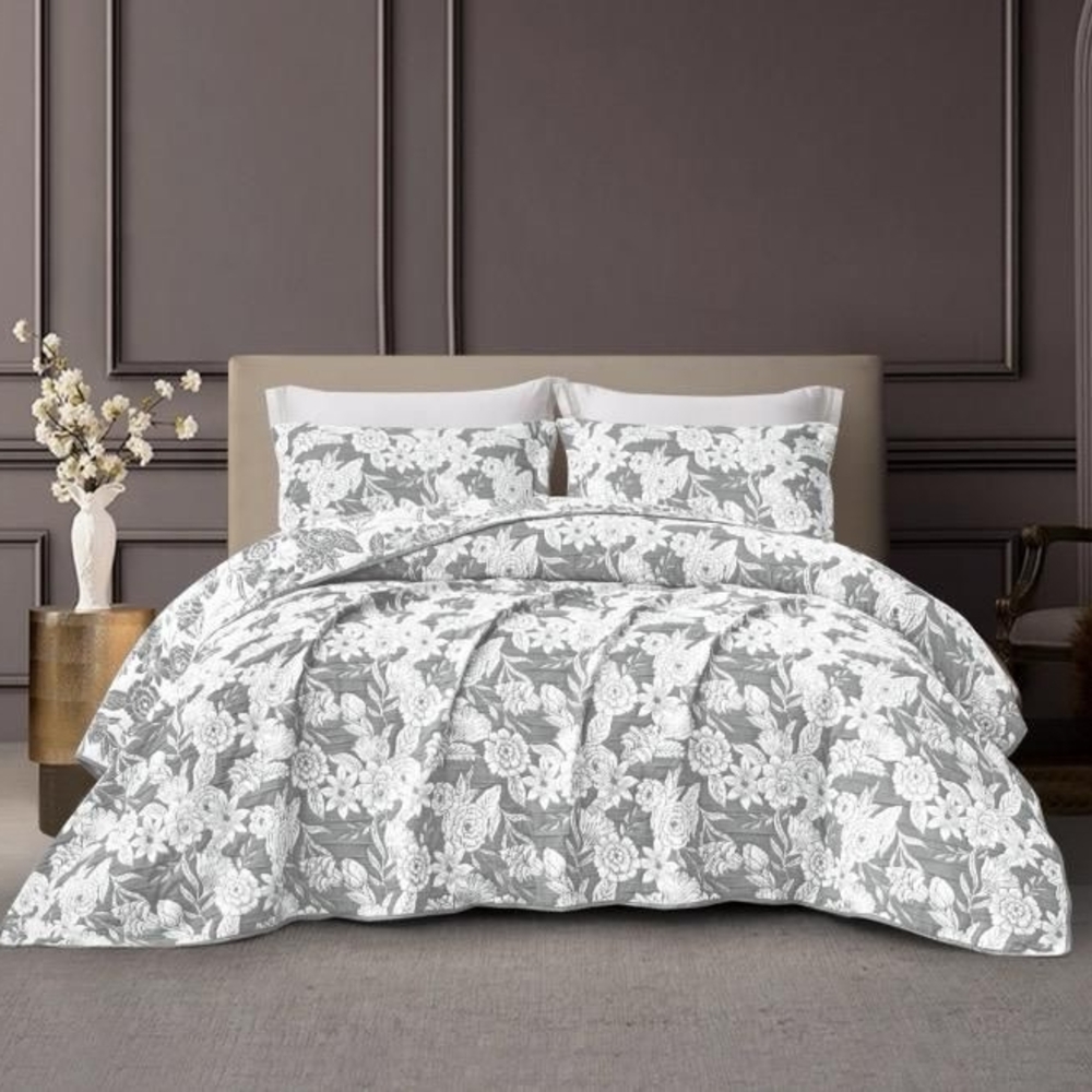 CHARLOTTE FLOWERS DARK GRAY COLOR DECORATIVE BEDSPREAD SET 3 PCS QUEEN SIZE